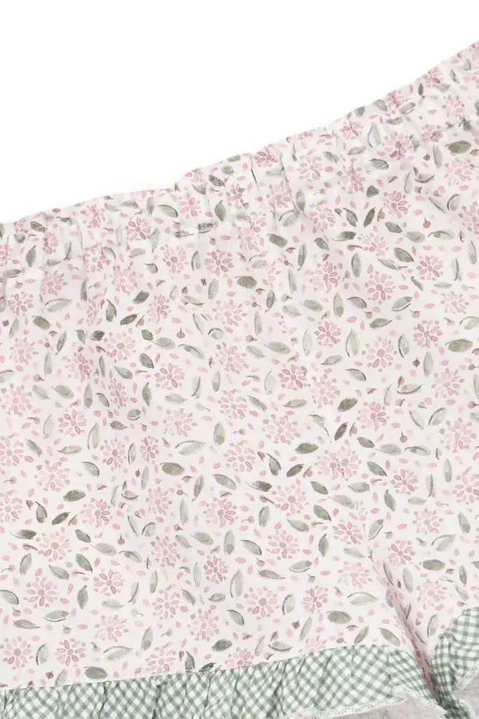 PANTALÓN CORTO FLORES ROSAS Y VERDES Y VICHY VERDE