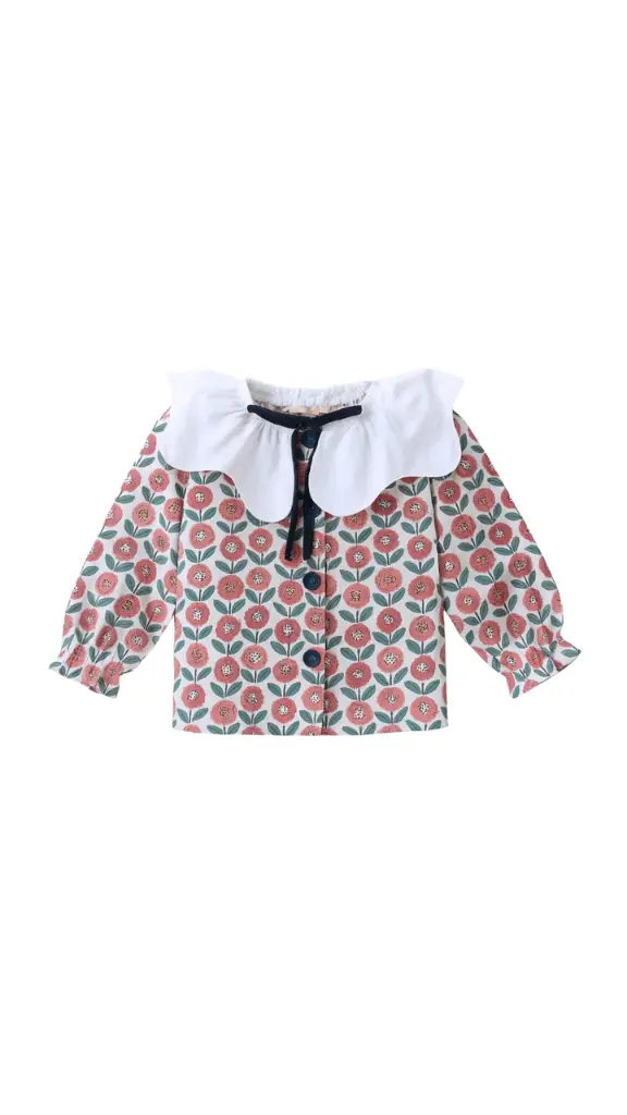 BLUSA FLORES GRANDES TEJA CUELLO BLANCO Y LAZADA AZUL
