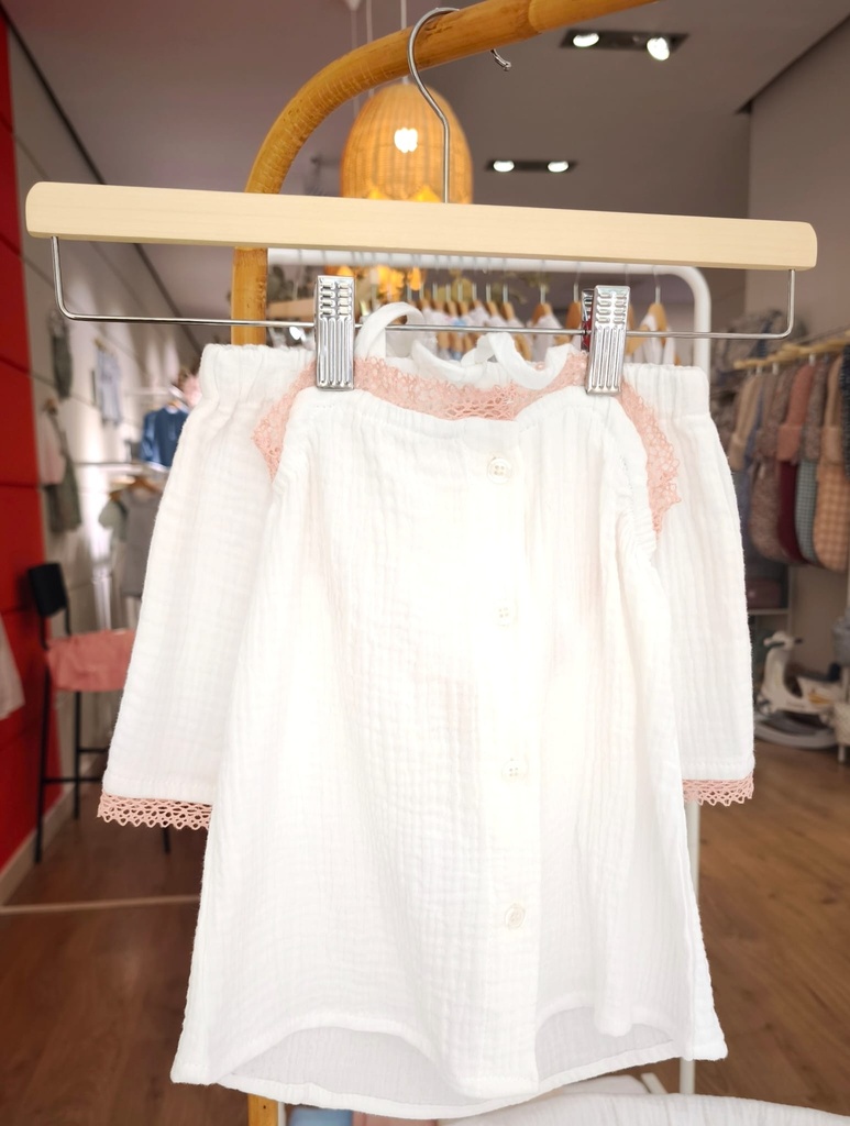 Pijama lino blanco y rosa 