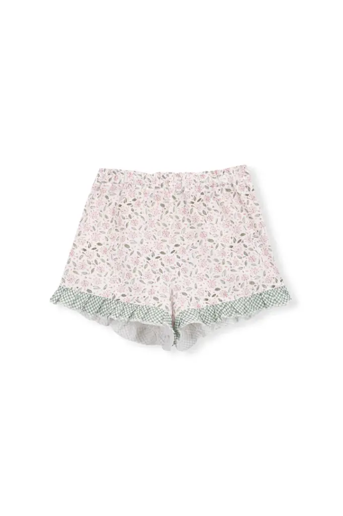 PANTALÓN CORTO FLORES ROSAS Y VERDES Y VICHY VERDE