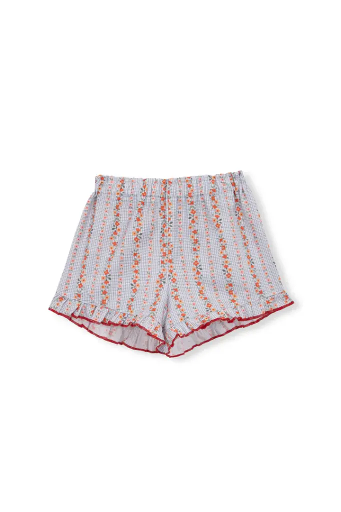 PANTALÓN CORTO VICHY AZUL FLORES ROJAS