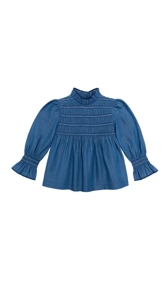 BLUSA DENIM SMOCK CONTRASTE AZUL Y BLANCO